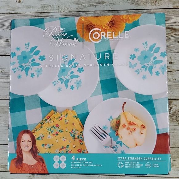 NEW The Pioneer Woman Corelle Signature Evie Teal Appetizer Plate Set - Picture 6 of 10